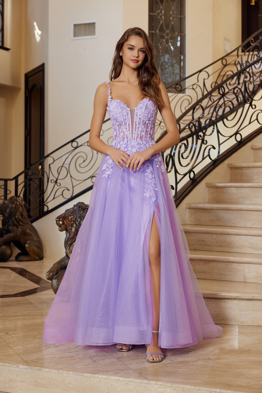 Nox Anabel R1824 fit and flare prom dress with plunging neckline LILAC / 6 Nox Anabel R1824 fit and flare prom dress with plunging neckline LILAC / 6