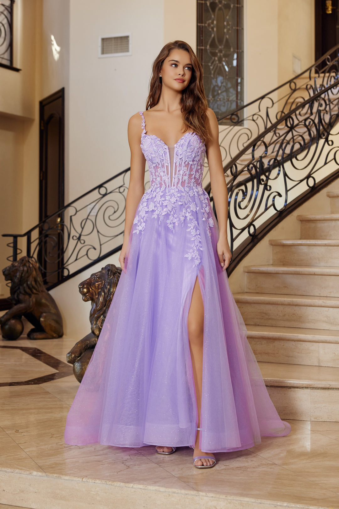 Nox Anabel -R1824 Plunging Embroidery A-line Long Gown 6 / LILAC Nox Anabel -R1824 Plunging Embroidery A-line Long Gown 6 / LILAC