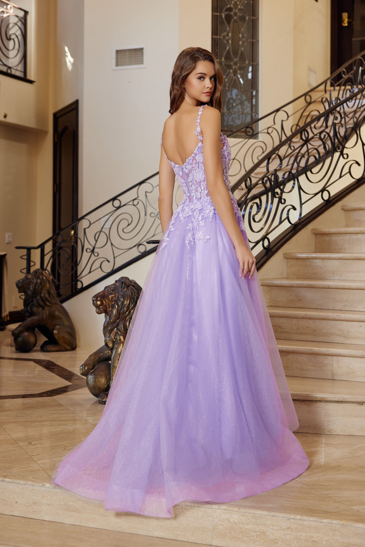 Nox Anabel R1824 fit and flare prom dress with plunging neckline