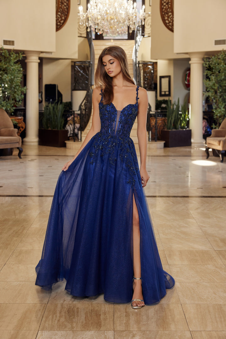 Nox Anabel R1824 fit and flare prom dress with plunging neckline