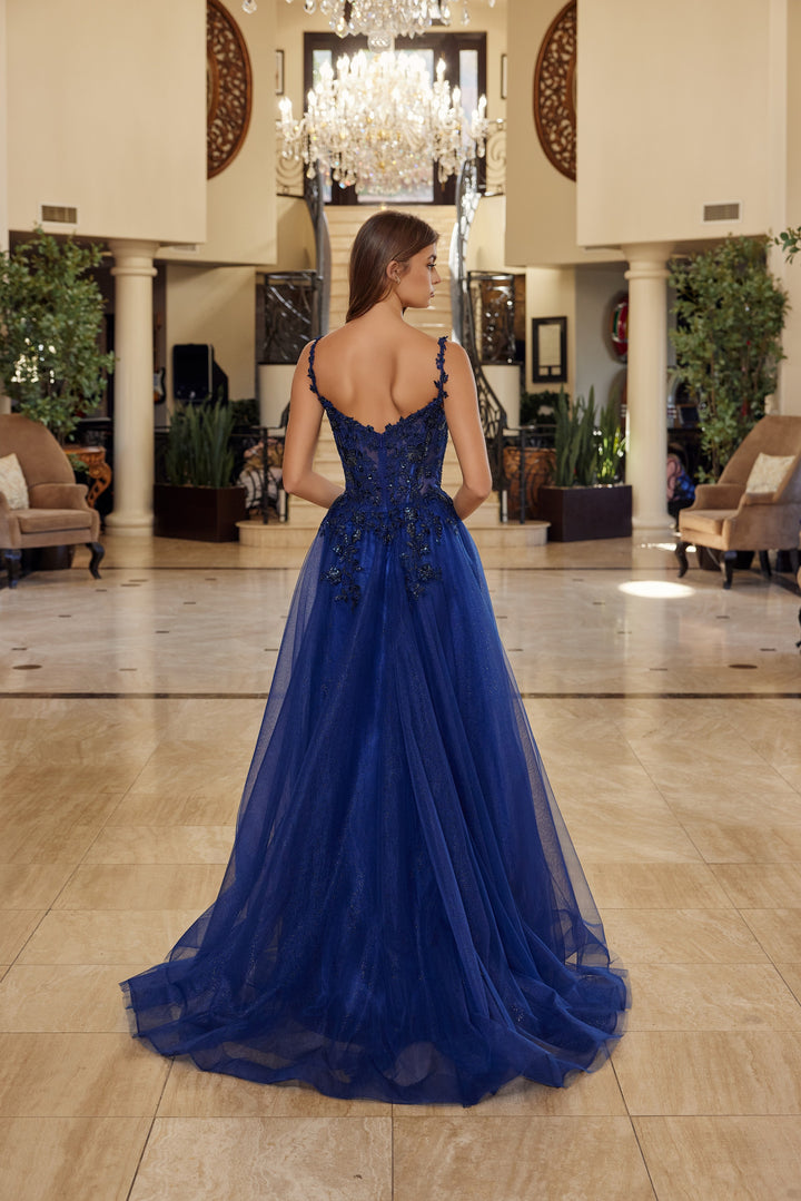Nox Anabel R1824 fit and flare prom dress with plunging neckline