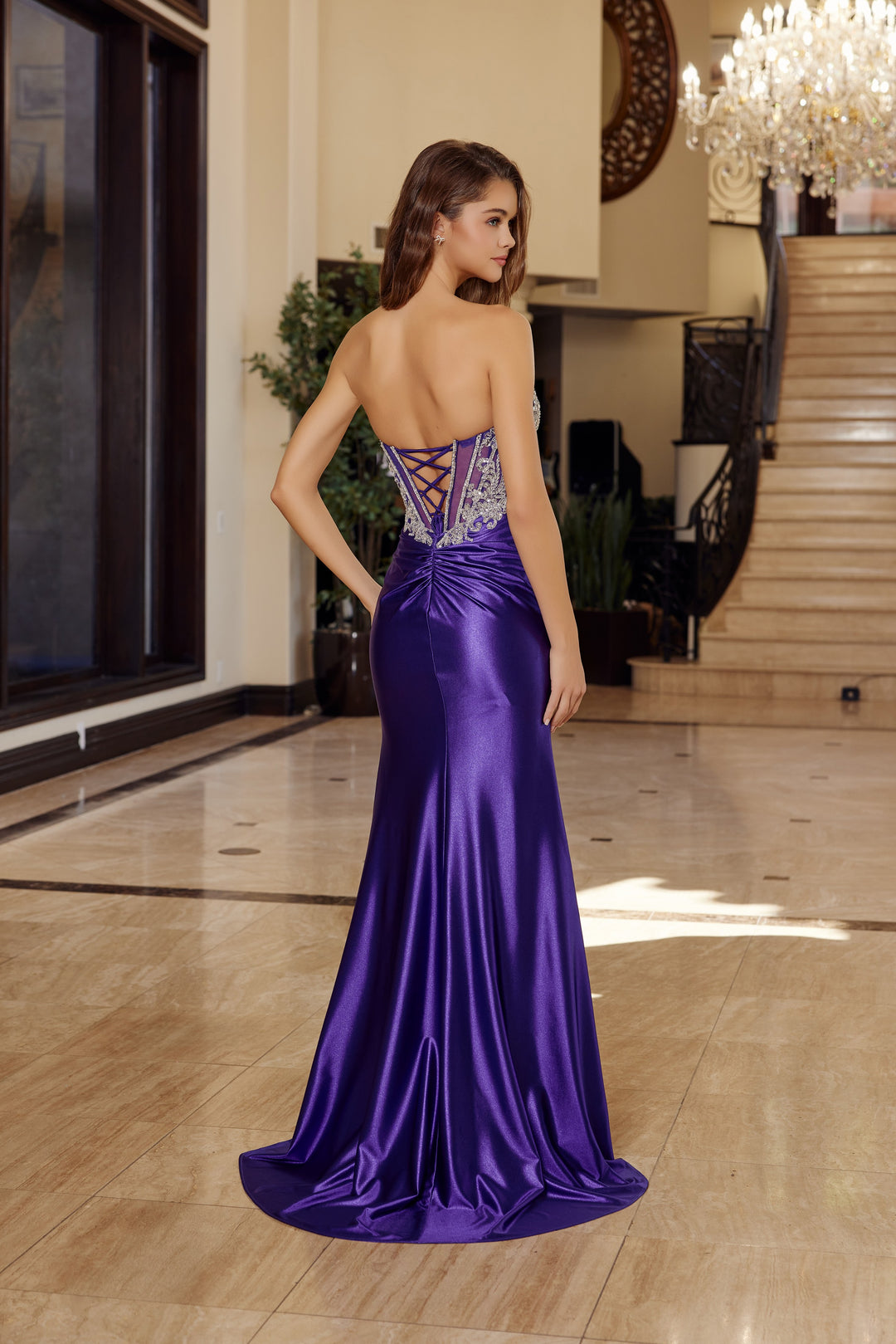 Nox Anabel T1854 shiny satin prom dress with plunging bustline