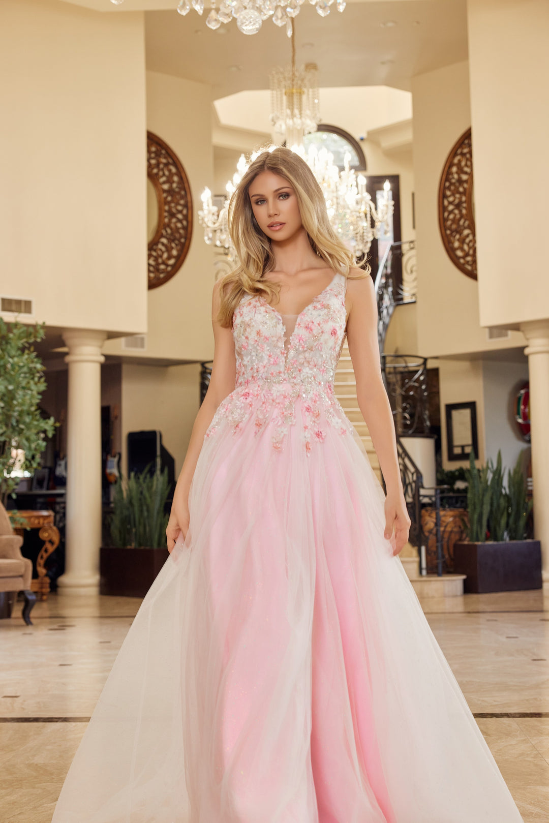 Nox Anabel Y1799 A-Line Tulle Prom prom dress with Plunging Neckline