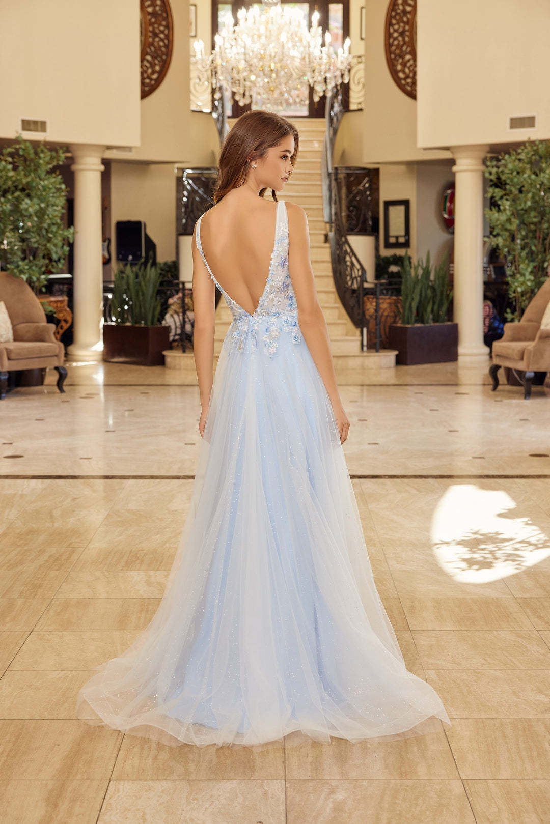 Nox Anabel Y1799 A-Line Tulle Prom prom dress with Plunging Neckline