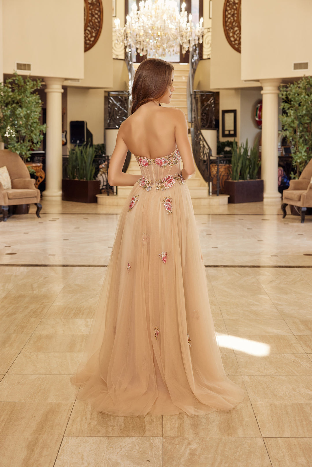Nox Anabel Y1803 strapless prom dress with floral sequin embroidery