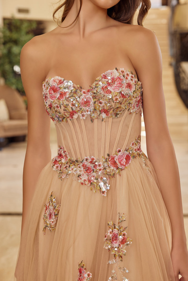 Nox Anabel Y1803 strapless prom dress with floral sequin embroidery