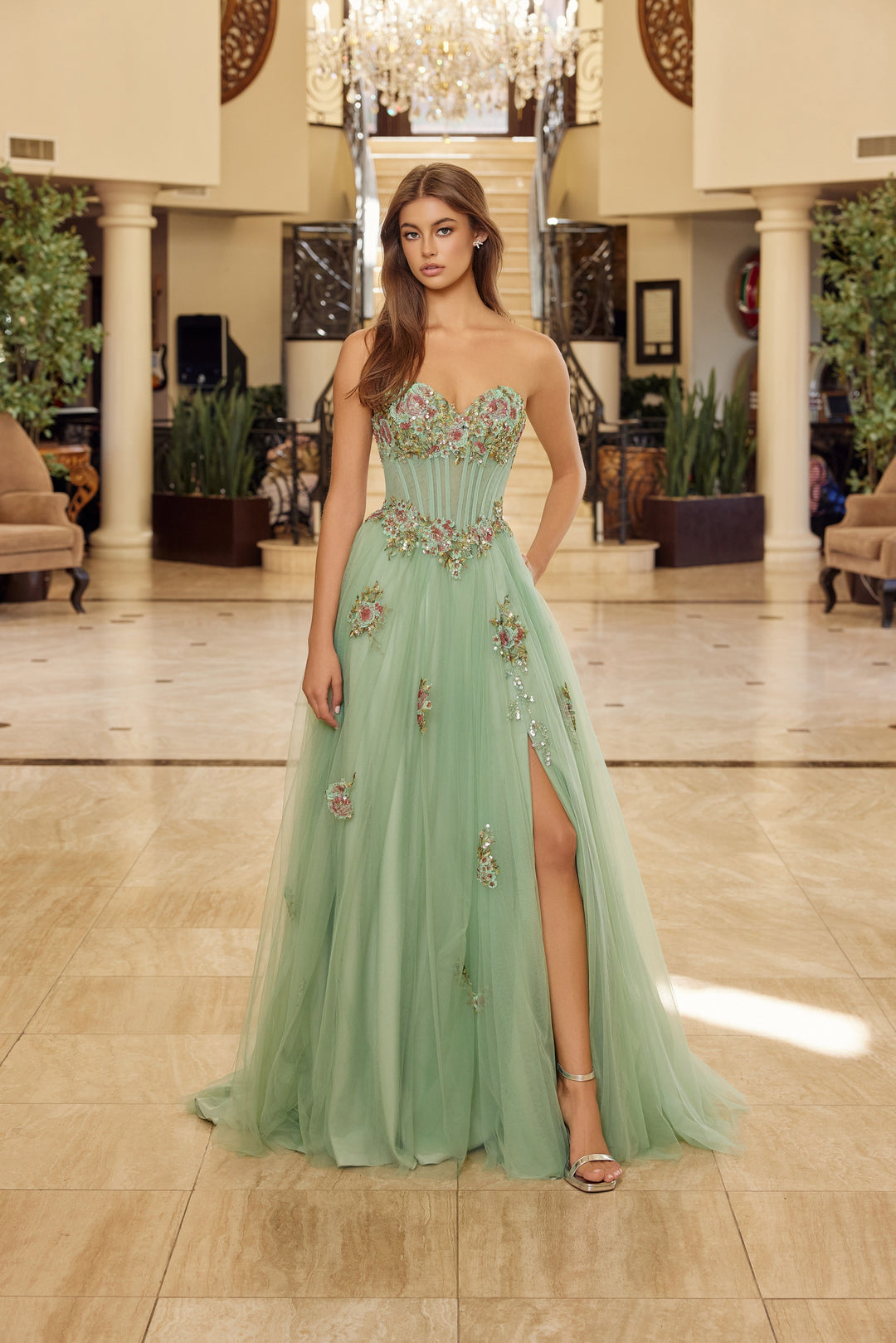 Nox Anabel Y1803 strapless prom dress with floral sequin embroidery