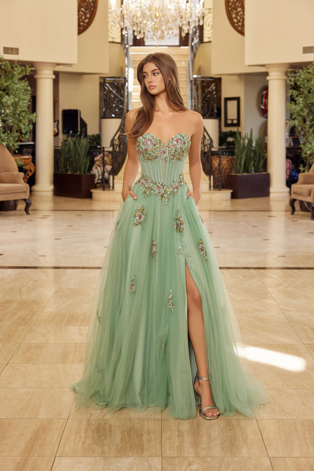 Nox Anabel Y1803 strapless prom dress with floral sequin embroidery