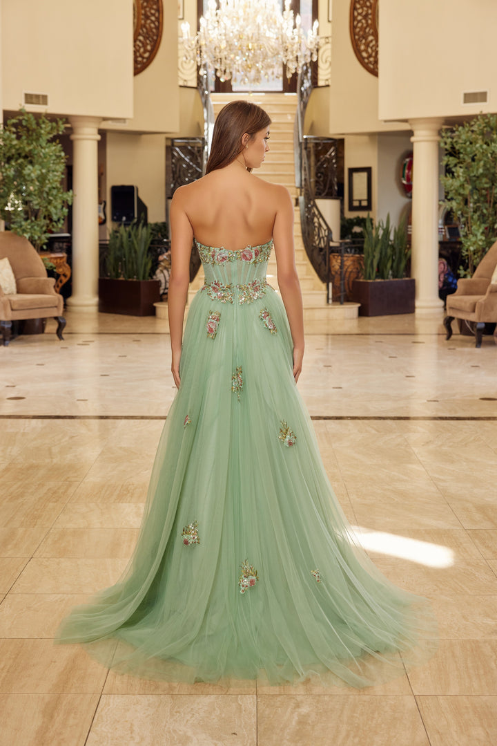 Nox Anabel Y1803 strapless prom dress with floral sequin embroidery
