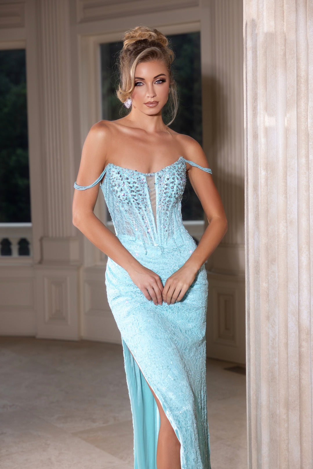 PORTIA & SCARLETT PS25166 Beaded Off Shoulder Strap Prom Dress