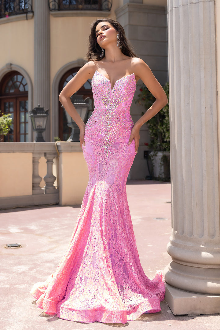 PORTIA & SCARLETT PS25168 Deep V-Neck Beaded Lace Prom Dress