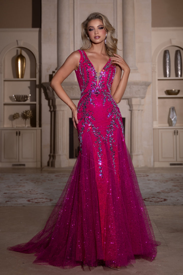 PORTIA & SCARLETT PS25289 V-Neck Sash Drop Sheer Prom Dress