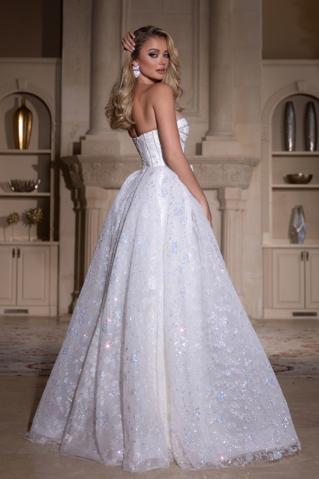 PORTIA & SCARLETT PS25315 A-Line Beaded Glitter Lace Prom Gown The Gown Galleria PORTIA & SCARLETT PS25315 A-Line Beaded Glitter Lace Prom Gown The Gown Galleria