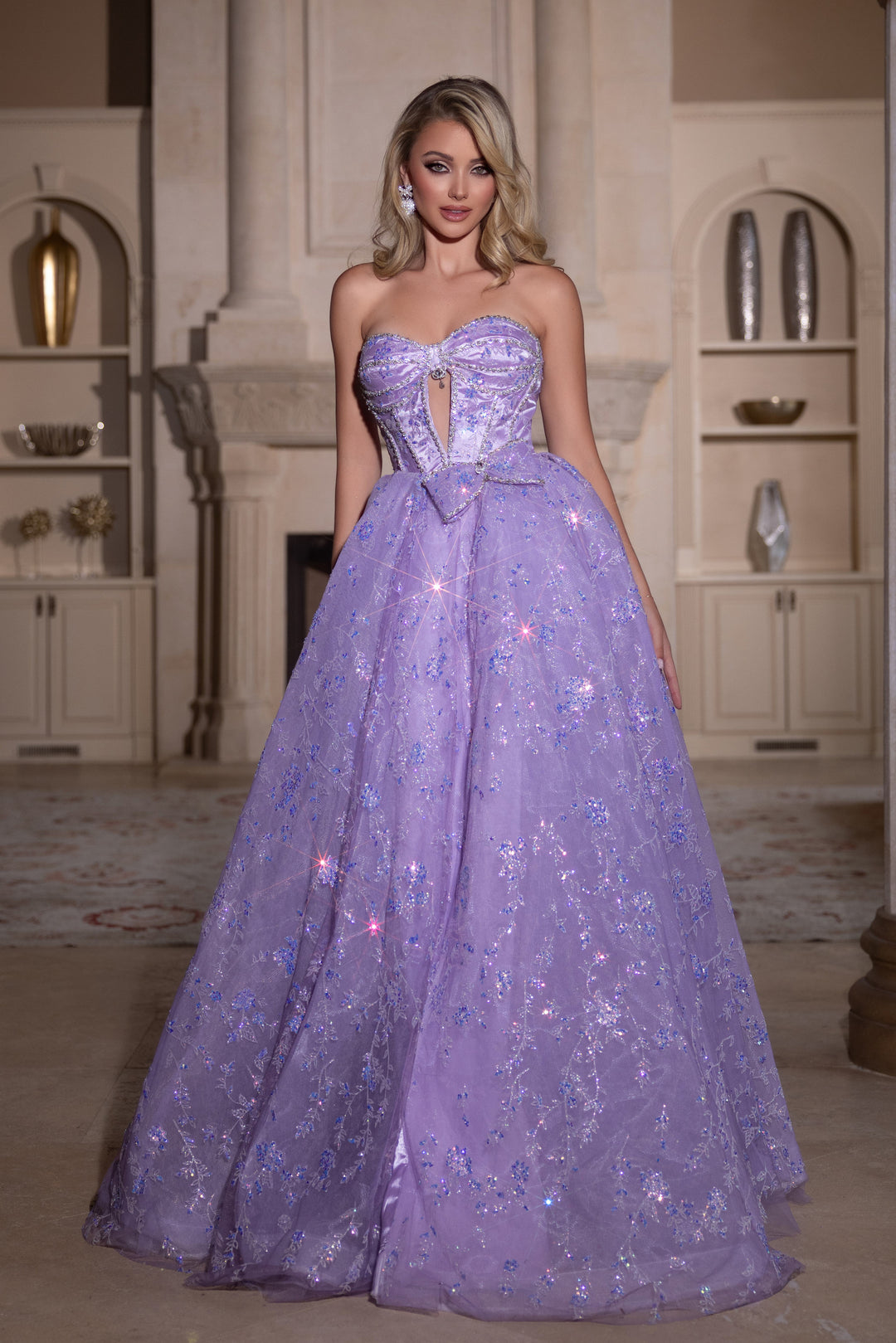 PORTIA & SCARLETT PS25315 A-Line Beaded Glitter Lace Prom Gown The Gown Galleria PORTIA & SCARLETT PS25315 A-Line Beaded Glitter Lace Prom Gown The Gown Galleria