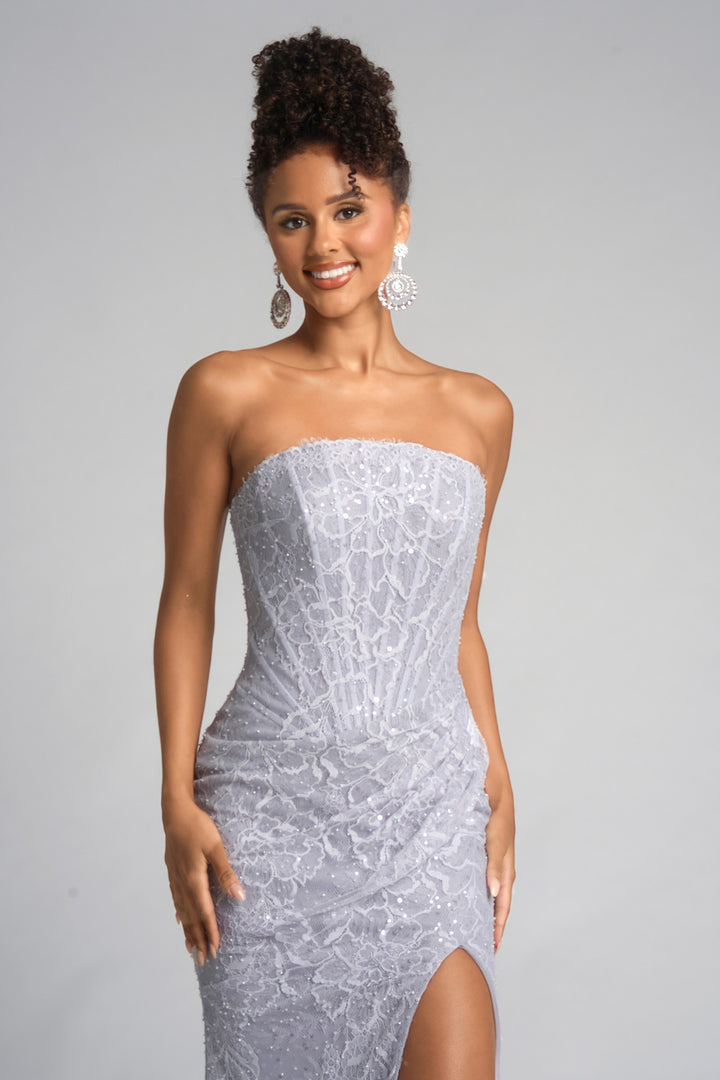 Portia & Scarlett PS26223 Floral Lace Prom Gown With High Slit