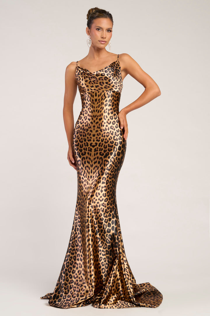 Portia & Scarlett PS26257 Cowl Neck Leopard Prom Dress
