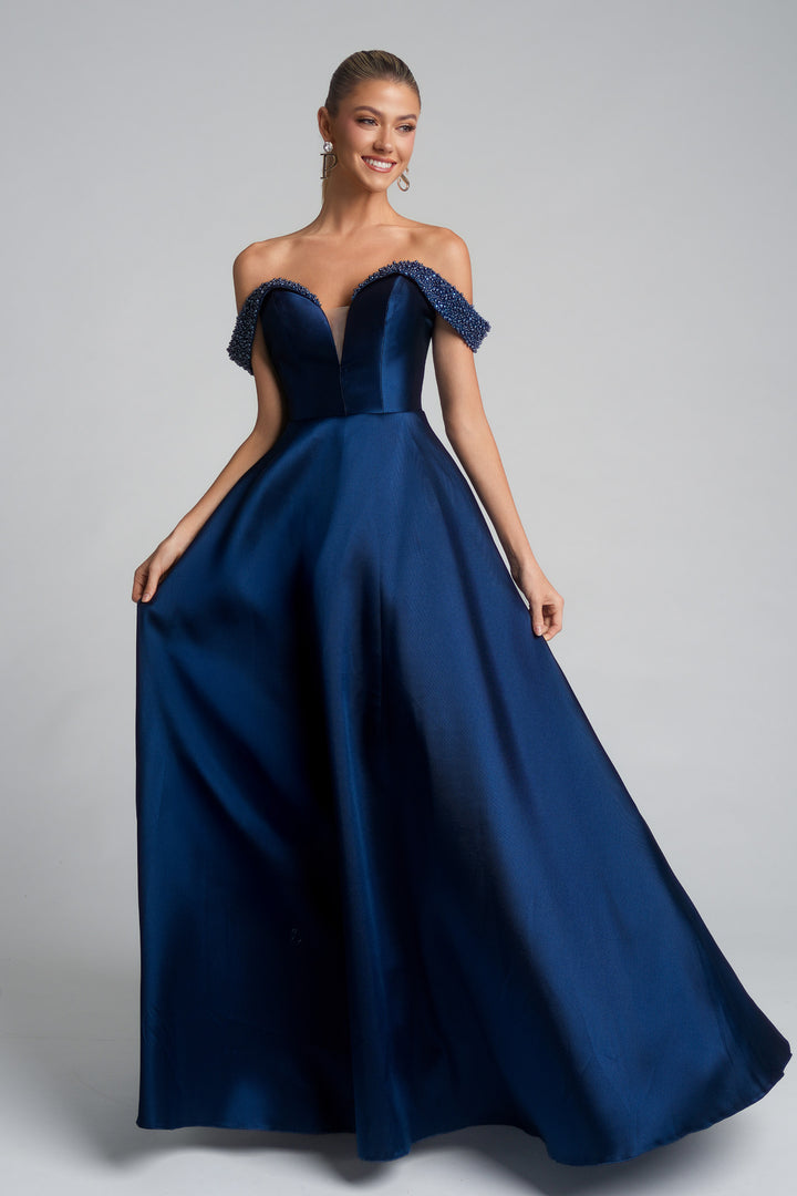 Portia & Scarlett XO117 Beaded Off-Shoulder Sleeves Evening Gown