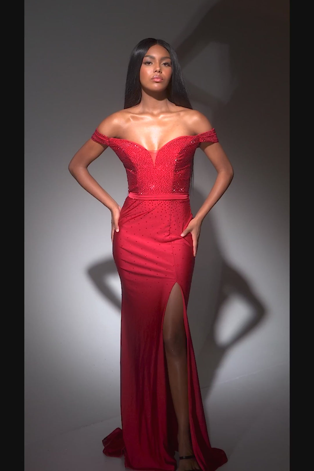 CINDERELLA DIVINE CA106 Fitted Off-Shoulder Hot Stone Gown