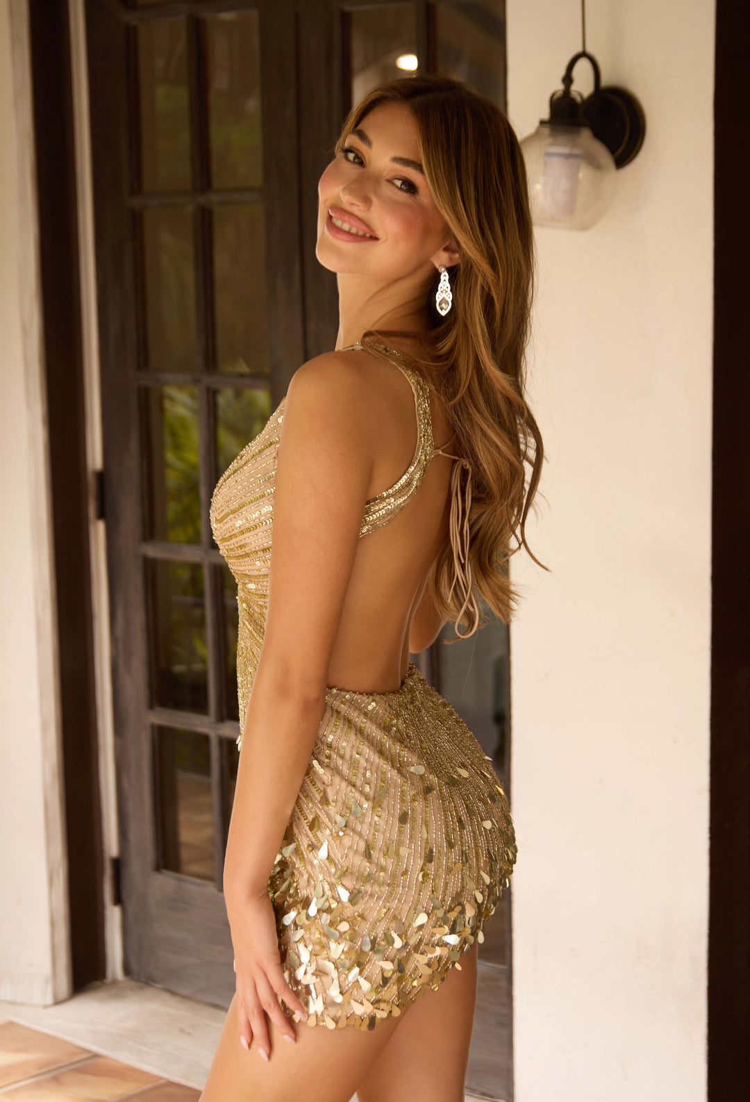 Primavera 4417 Deep V Teardrop Open Back Cocktail Dress