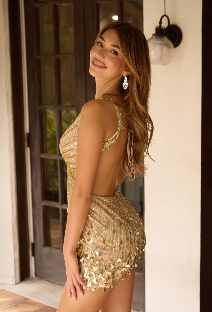 Primavera 4417 Deep V Teardrop Open Back Cocktail Dress