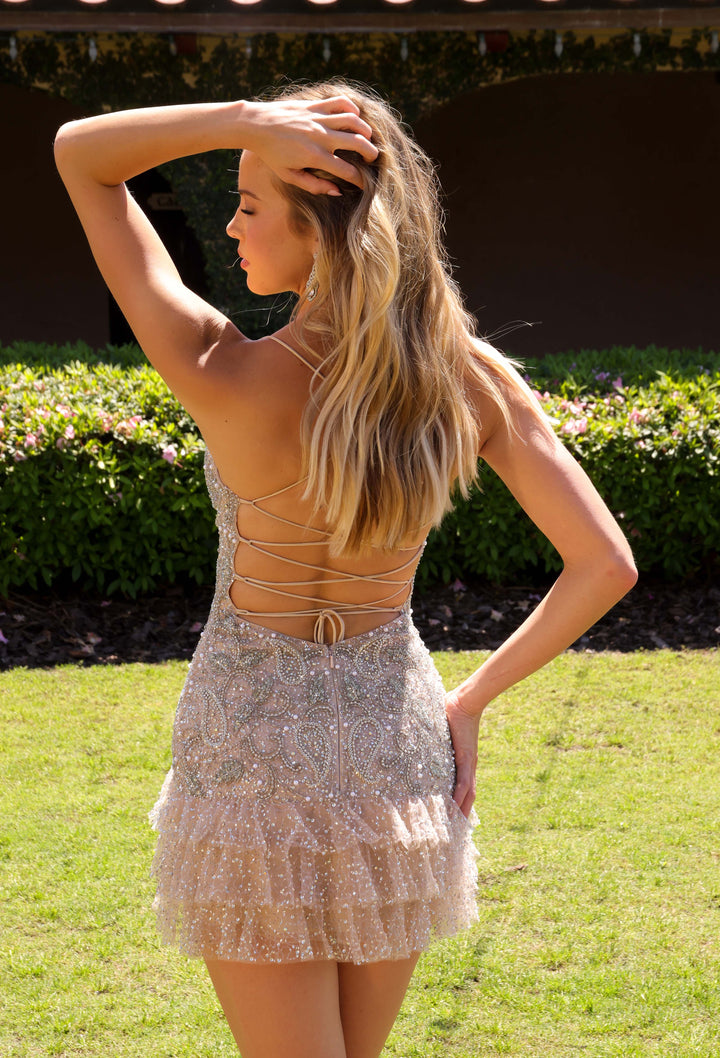 Primavera 4647 Layered Ruffle Lace-Up Crystal Cocktail Dress