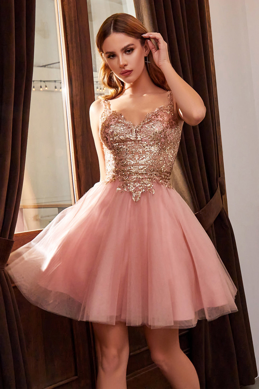 9239 CINDERELLA DIVINE 9239 Embellished Short V-Neck A-Line Tulle Dress ...